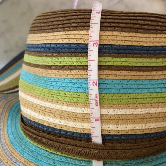 CYNTHIA ROWLEY Striped Straw Floppy Hat Blue Brown Green One Size - Picture 15 of 16